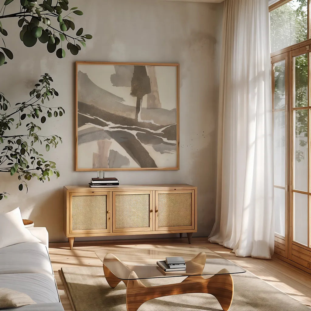 White and Placid I by Chris Paschke. Shown in a natural wood frame in a cozy modern living room. Available as an archival giclee rolled canvas, fine art paper, or poster print. SKU 32529a.