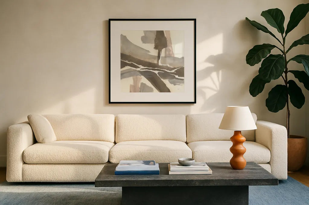 White and Placid I by Chris Paschke. Displayed in a glass frame with matte in a clean modern living room. Available as an archival giclee rolled canvas, fine art paper, or poster print. SKU 32529a.