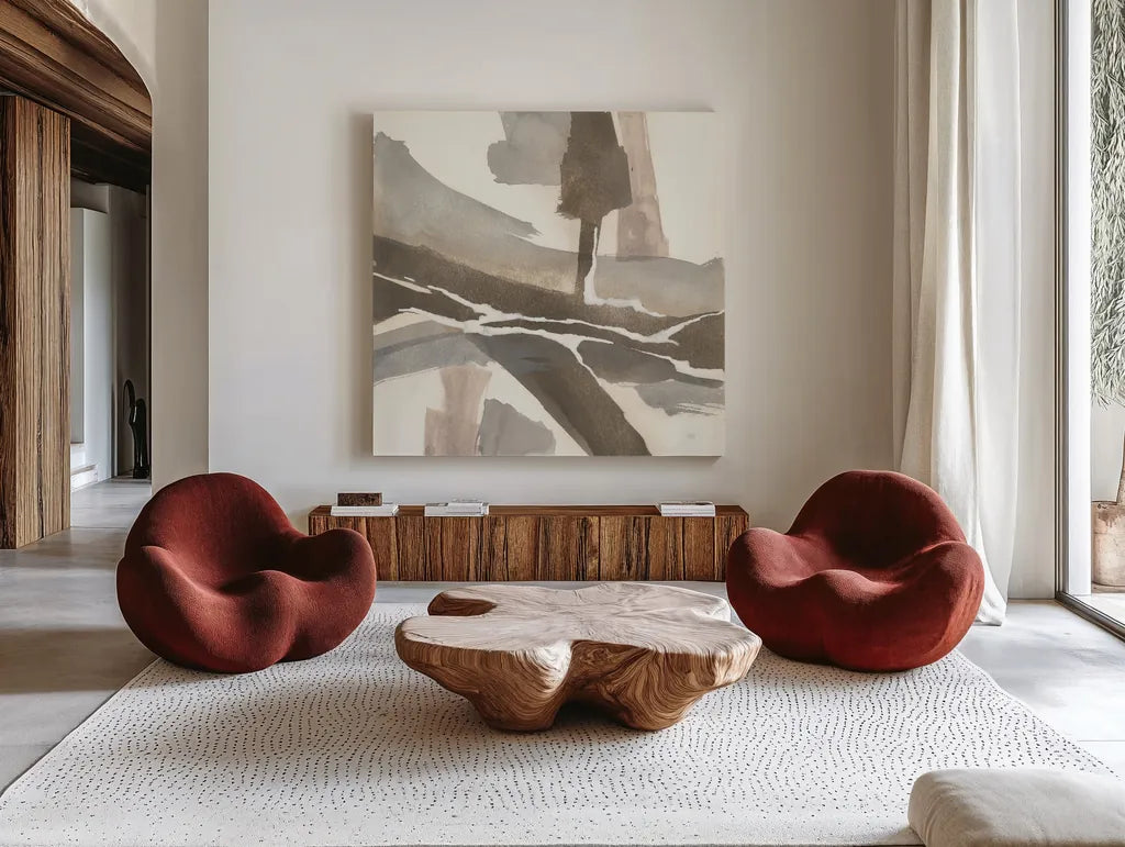 White and Placid I by Chris Paschke. Shown as extra-large giant wall art in a modern living room. Available as an archival giclee rolled canvas, fine art paper, or poster print. SKU 32529a.