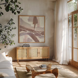 White and Placid I Blush by Chris Paschke. Shown in a natural wood frame in a cozy modern living room. Available as an archival giclee rolled canvas, fine art paper, or poster print. SKU 42719a.