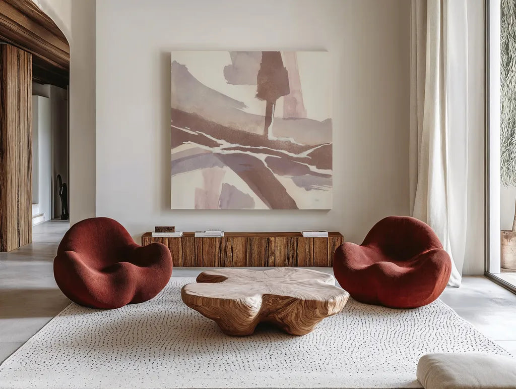 White and Placid I Blush by Chris Paschke. Shown as extra-large giant wall art in a modern living room. Available as an archival giclee rolled canvas, fine art paper, or poster print. SKU 42719a.