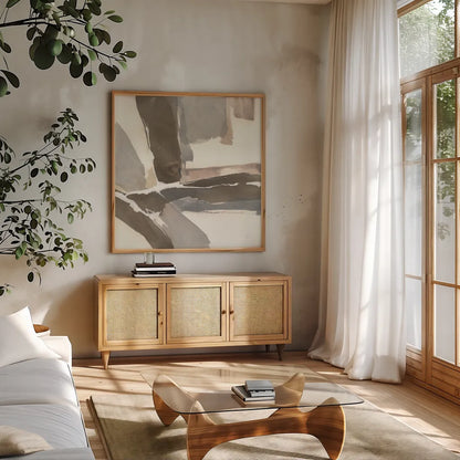 White and Placid II by Chris Paschke. Shown in a natural wood frame in a cozy modern living room. Available as an archival giclee rolled canvas, fine art paper, or poster print. SKU 32530a.