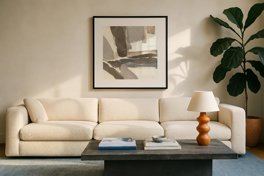 White and Placid II by Chris Paschke. Displayed in a glass frame with matte in a clean modern living room. Available as an archival giclee rolled canvas, fine art paper, or poster print. SKU 32530a.