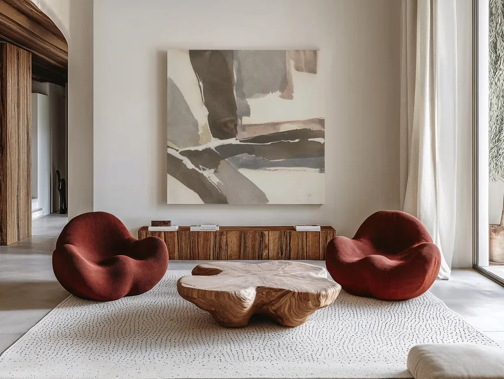 White and Placid II by Chris Paschke. Shown as extra-large giant wall art in a modern living room. Available as an archival giclee rolled canvas, fine art paper, or poster print. SKU 32530a.