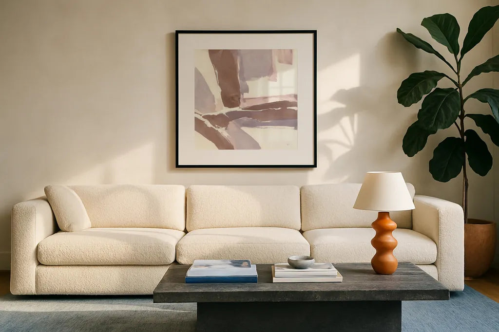 White and Placid II Blush by Chris Paschke. Displayed in a glass frame with matte in a clean modern living room. Available as an archival giclee rolled canvas, fine art paper, or poster print. SKU 42720a.