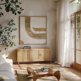 White on White III by Chris Paschke. Shown in a natural wood frame in a cozy modern living room. Available as an archival giclee rolled canvas, fine art paper, or poster print. SKU 86799a.