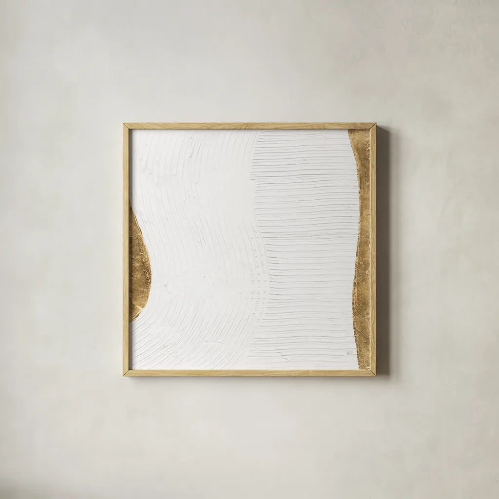White on White V by Chris Paschke. Shown in a natural wood glass frame for a timeless modern aesthetic. Available as an archival giclee rolled canvas, fine art paper, or poster print. SKU 86801a.