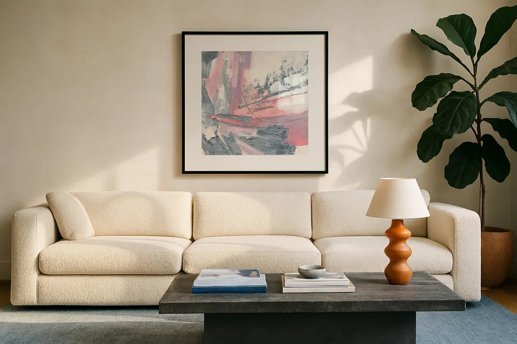 Whitewashed Blush I by Chris Paschke. Displayed in a glass frame with matte in a clean modern living room. Available as an archival giclee rolled canvas, fine art paper, or poster print. SKU 34721a.