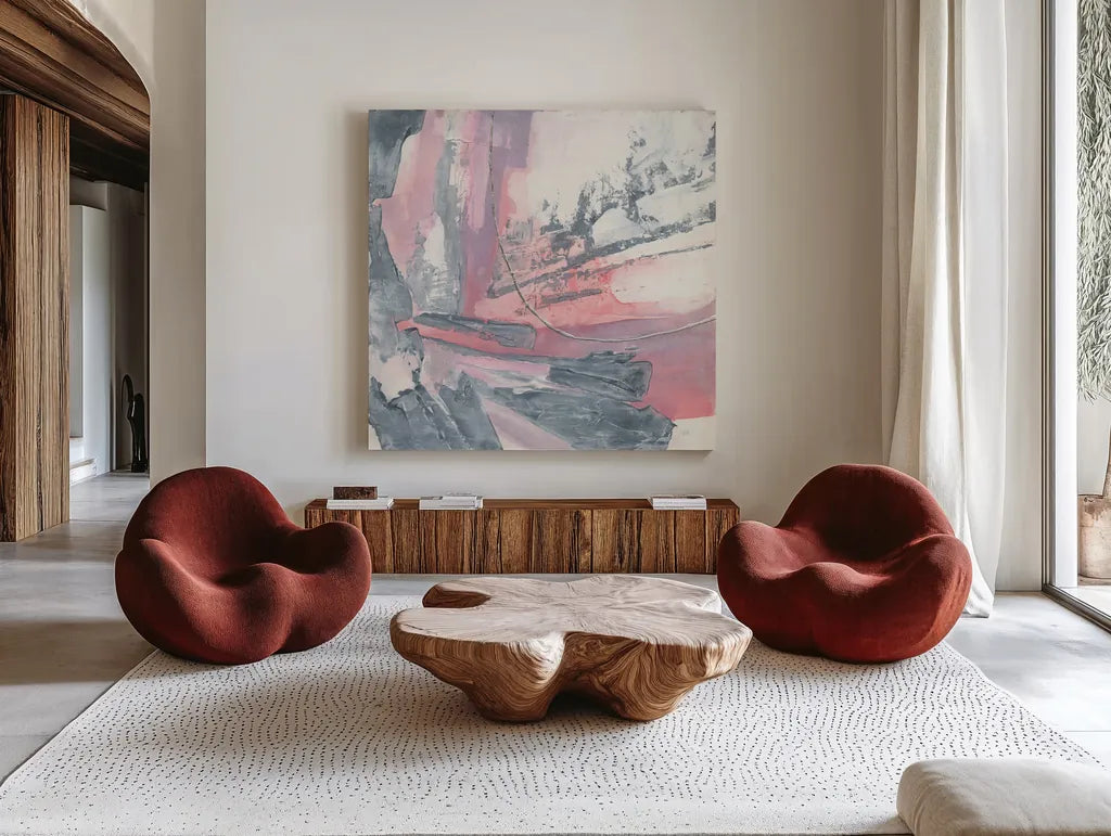 Whitewashed Blush I by Chris Paschke. Shown as extra-large giant wall art in a modern living room. Available as an archival giclee rolled canvas, fine art paper, or poster print. SKU 34721a.