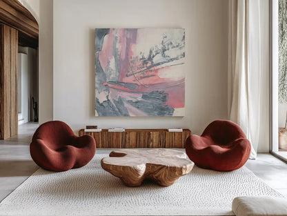 Whitewashed Blush I by Chris Paschke. Shown as extra-large giant wall art in a modern living room. Available as an archival giclee rolled canvas, fine art paper, or poster print. SKU 34721a.