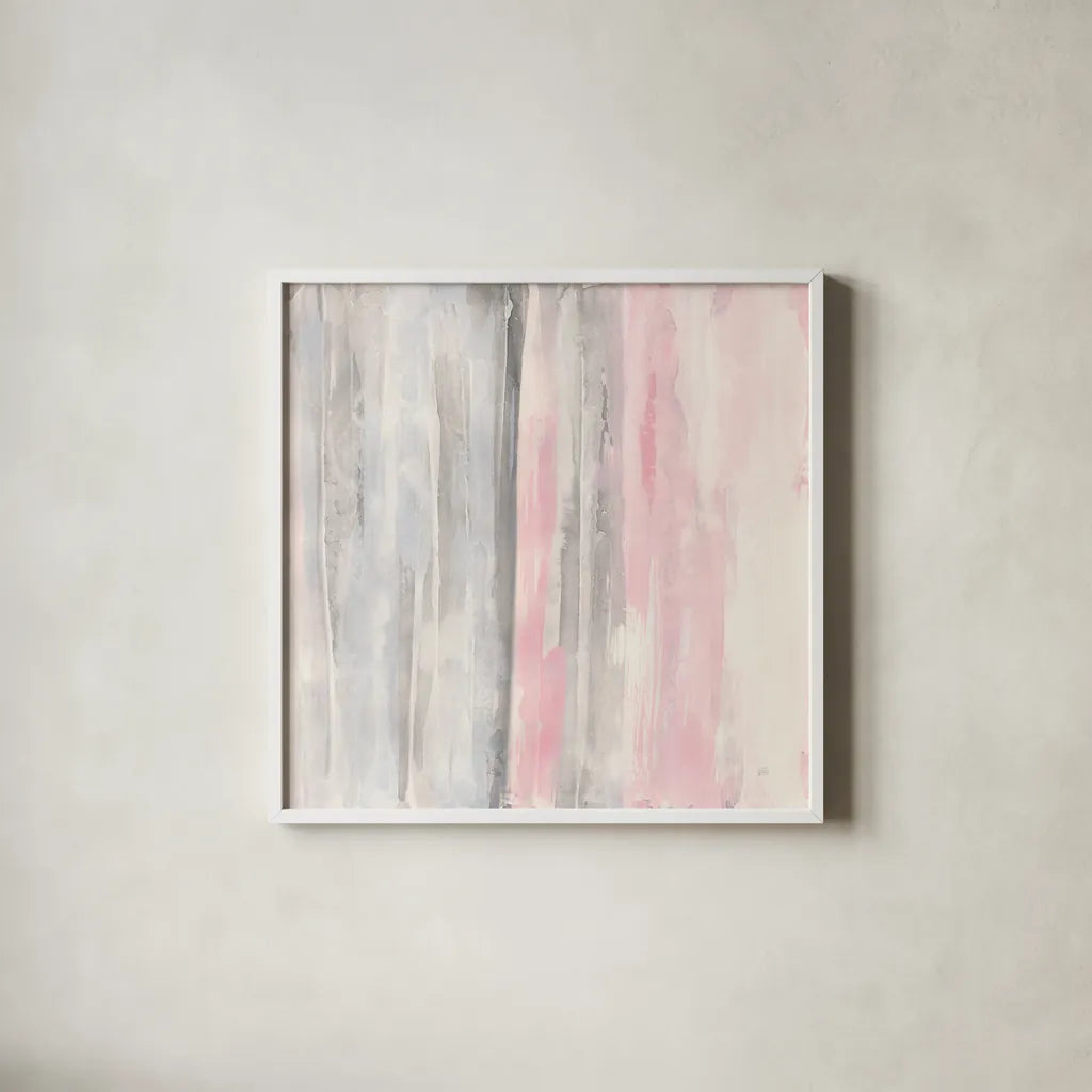 Whitewashed Blush I by Chris Paschke. Shown in a crisp white glass frame for a clean and minimalist style. Available as an archival giclee rolled canvas, fine art paper, or poster print. SKU 49059a.