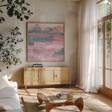 Whitewashed Blush II by Chris Paschke. Shown in a natural wood frame in a cozy modern living room. Available as an archival giclee rolled canvas, fine art paper, or poster print. SKU 34722a.