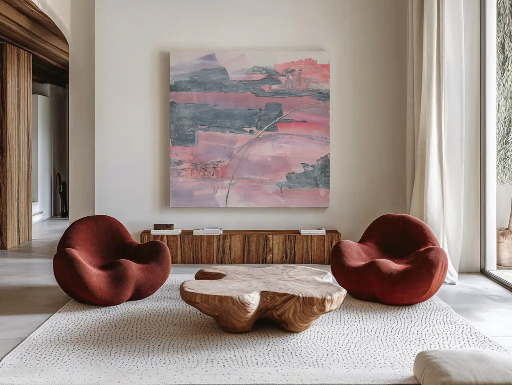 Whitewashed Blush II by Chris Paschke. Shown as extra-large giant wall art in a modern living room. Available as an archival giclee rolled canvas, fine art paper, or poster print. SKU 34722a.