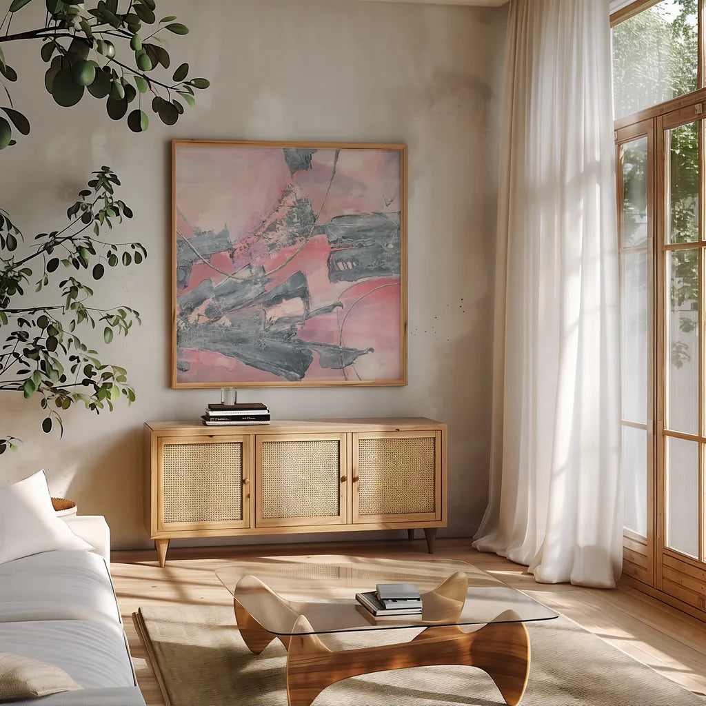 Whitewashed Blush III by Chris Paschke. Shown in a natural wood frame in a cozy modern living room. Available as an archival giclee rolled canvas, fine art paper, or poster print. SKU 34723a.