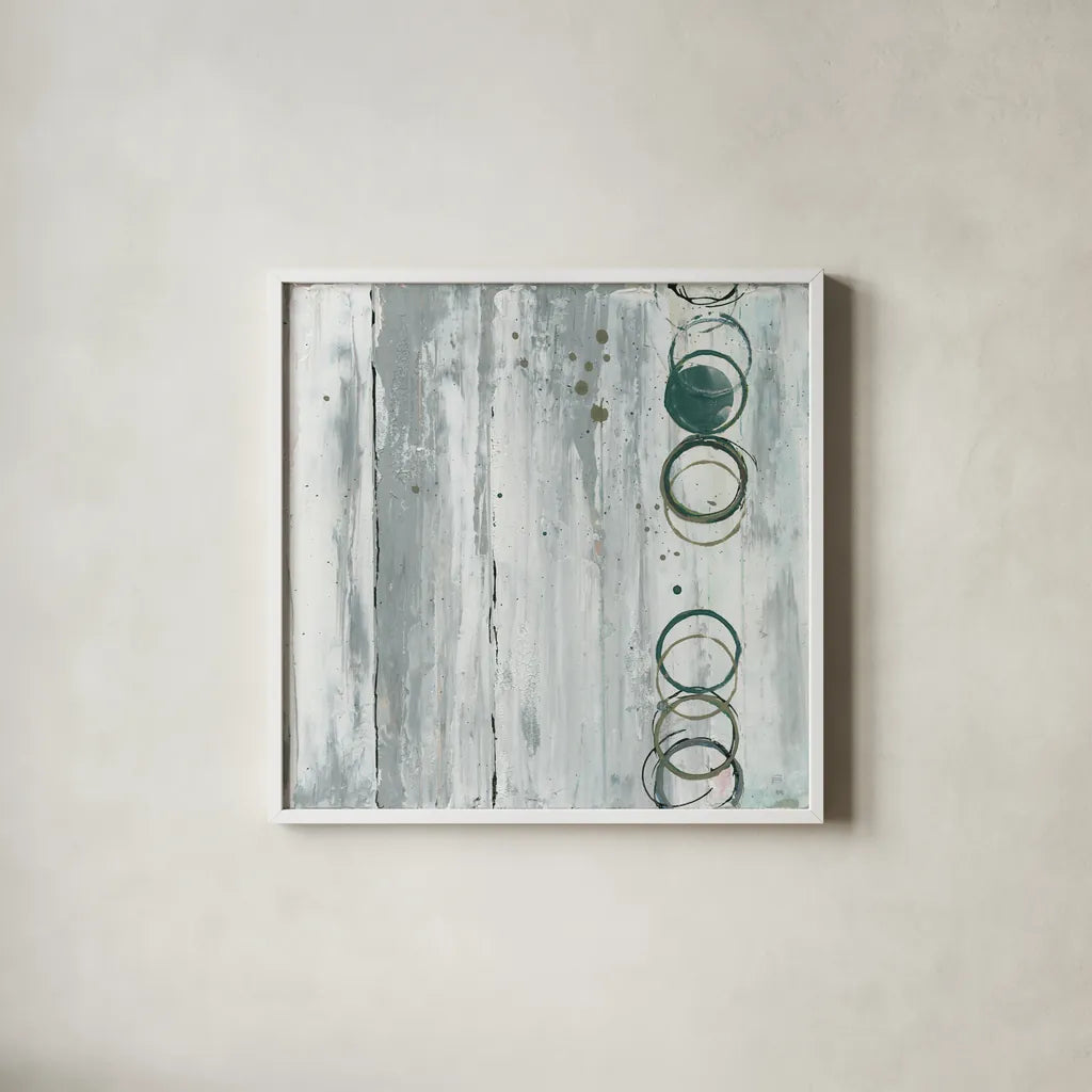 Whitewashed Emerald II by Chris Paschke. Shown in a crisp white glass frame for a clean and minimalist style. Available as an archival giclee rolled canvas, fine art paper, or poster print. SKU 85036a.