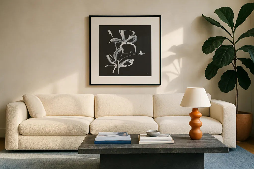 Wildflowers II by Chris Paschke. Displayed in a glass frame with matte in a clean modern living room. Available as an archival giclee rolled canvas, fine art paper, or poster print. SKU 73090a.