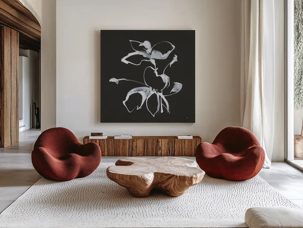 Wildflowers III by Chris Paschke. Shown as extra-large giant wall art in a modern living room. Available as an archival giclee rolled canvas, fine art paper, or poster print. SKU 73091a.