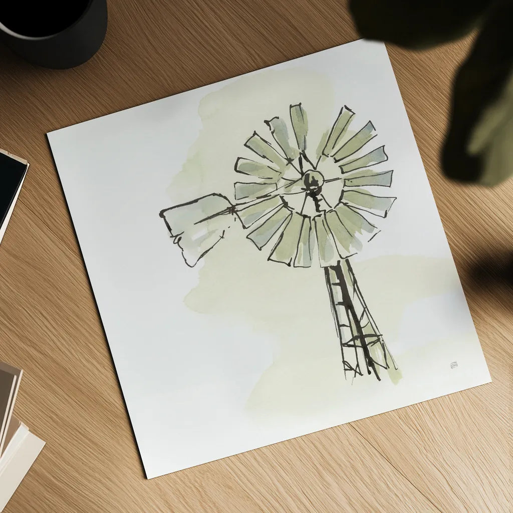 Windmill I by Chris Paschke. Shown as a detailed flat fine art print, highlighting archival giclee quality. Available as an archival giclee rolled canvas, fine art paper, or poster print. SKU 76340a.