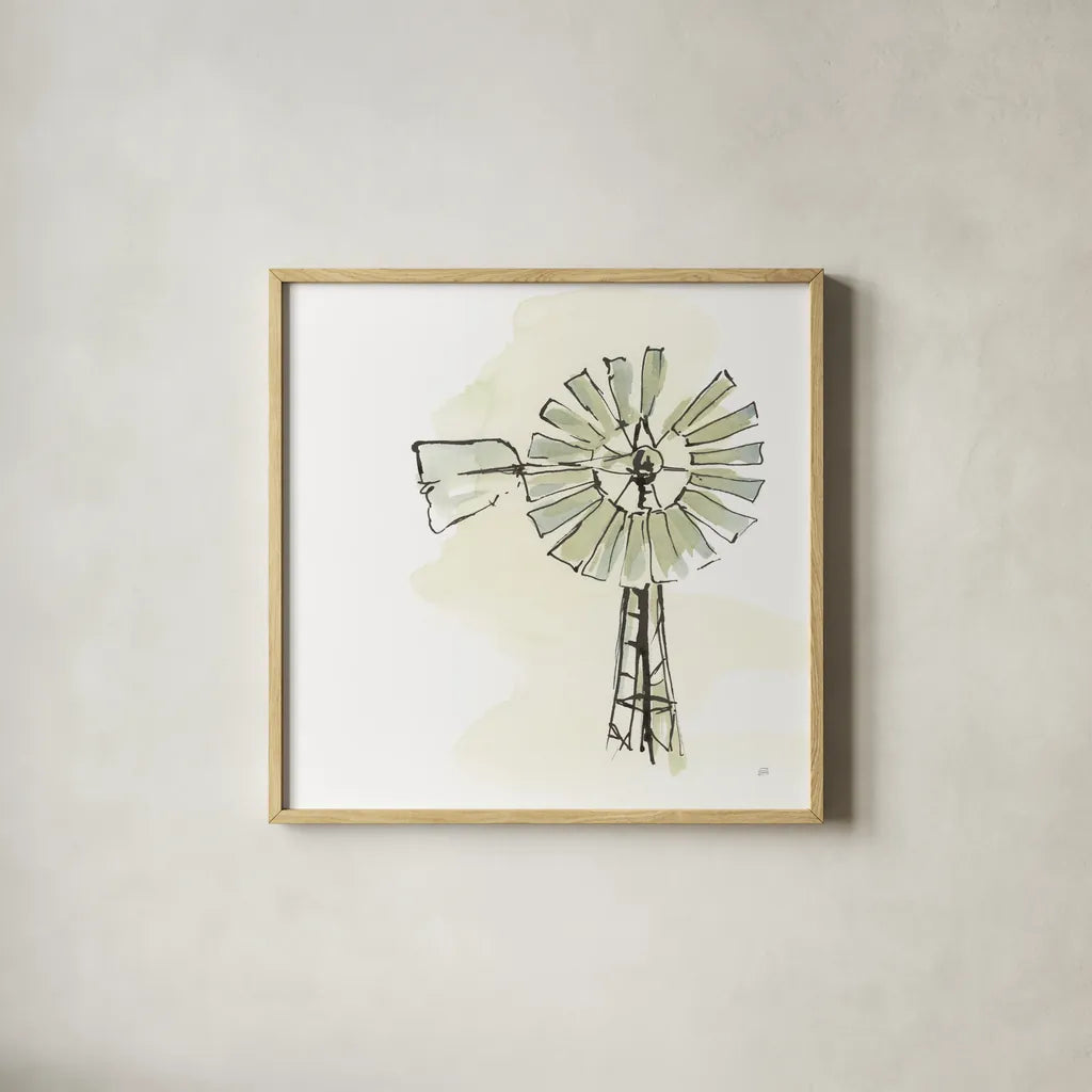Windmill I by Chris Paschke. Shown in a natural wood glass frame for a timeless modern aesthetic. Available as an archival giclee rolled canvas, fine art paper, or poster print. SKU 76340a.