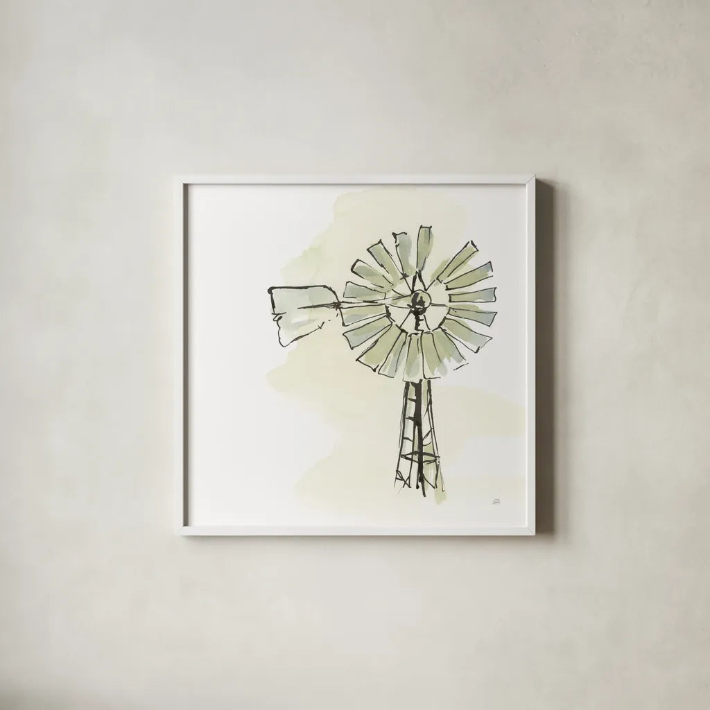 Windmill I by Chris Paschke. Shown in a crisp white glass frame for a clean and minimalist style. Available as an archival giclee rolled canvas, fine art paper, or poster print. SKU 76340a.