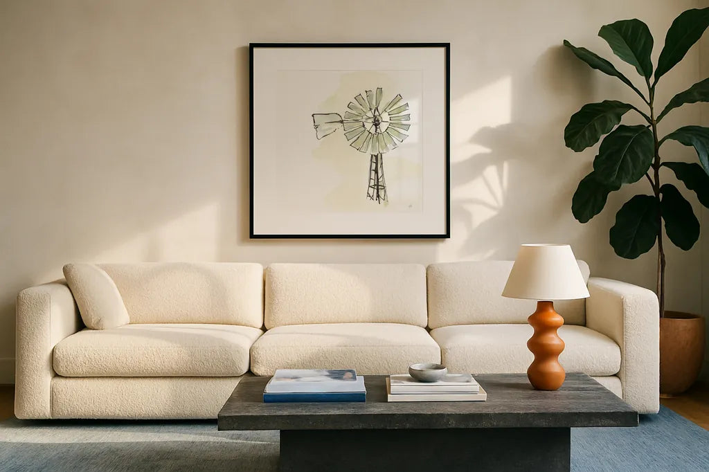 Windmill I by Chris Paschke. Displayed in a glass frame with matte in a clean modern living room. Available as an archival giclee rolled canvas, fine art paper, or poster print. SKU 76340a.