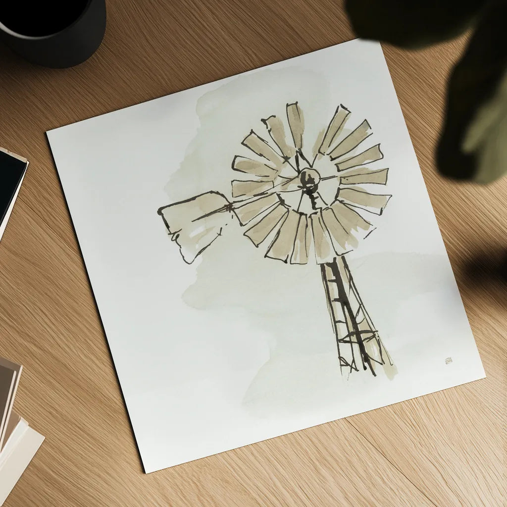 Windmill I Neutral by Chris Paschke. Shown as a detailed flat fine art print, highlighting archival giclee quality. Available as an archival giclee rolled canvas, fine art paper, or poster print. SKU 77331a.