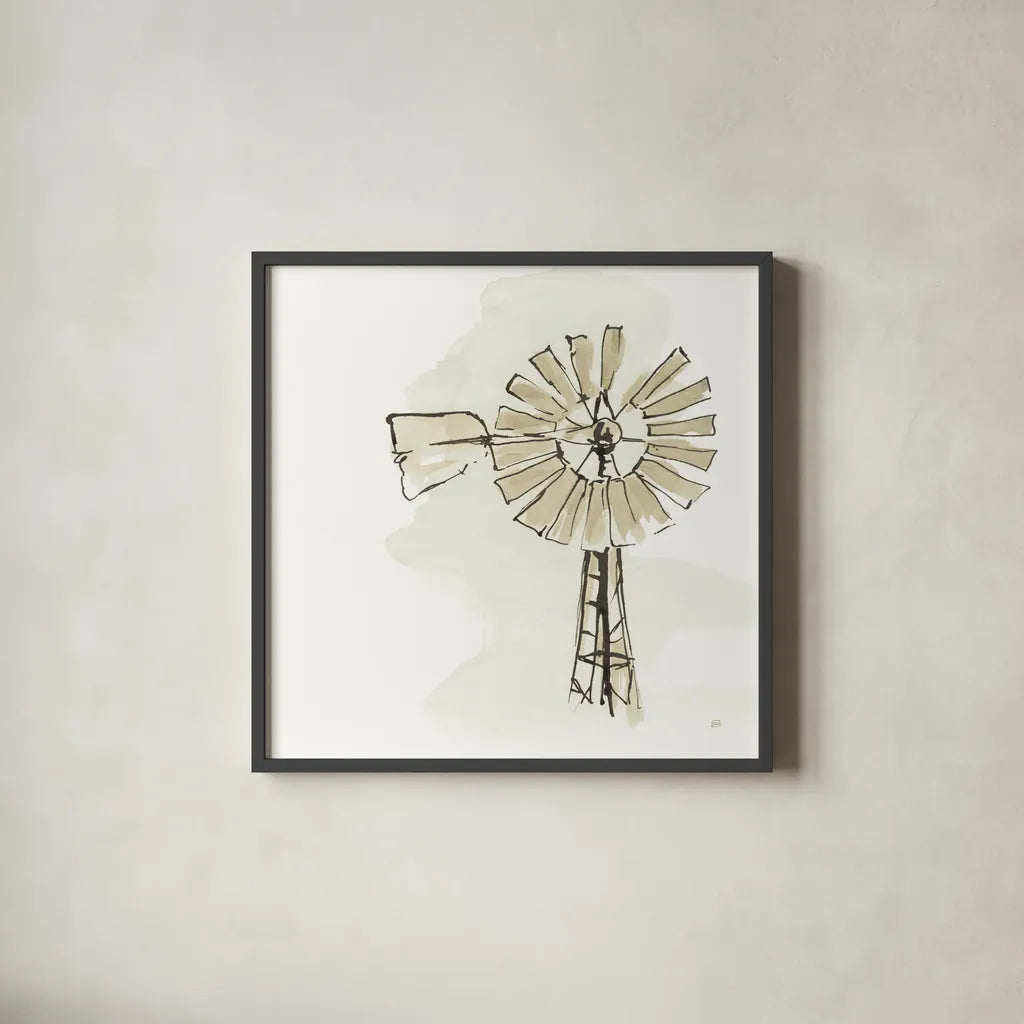 Windmill I Neutral by Chris Paschke. Shown in a sleek black glass frame for a contemporary gallery look. Available as an archival giclee rolled canvas, fine art paper, or poster print. SKU 77331a.