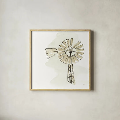 Windmill I Neutral by Chris Paschke. Shown in a natural wood glass frame for a timeless modern aesthetic. Available as an archival giclee rolled canvas, fine art paper, or poster print. SKU 77331a.