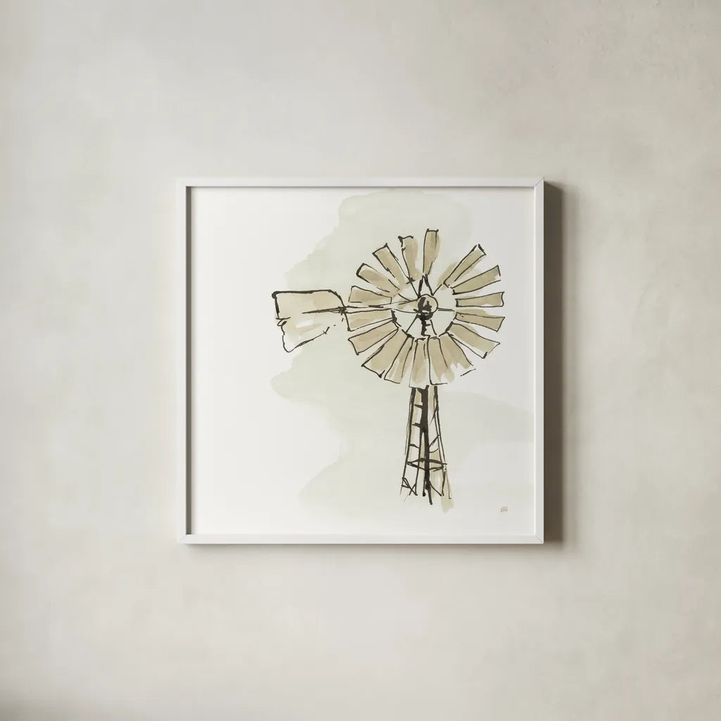 Windmill I Neutral by Chris Paschke. Shown in a crisp white glass frame for a clean and minimalist style. Available as an archival giclee rolled canvas, fine art paper, or poster print. SKU 77331a.