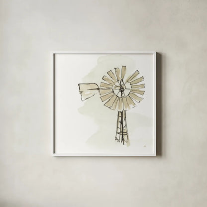 Windmill I Neutral by Chris Paschke. Shown in a crisp white glass frame for a clean and minimalist style. Available as an archival giclee rolled canvas, fine art paper, or poster print. SKU 77331a.