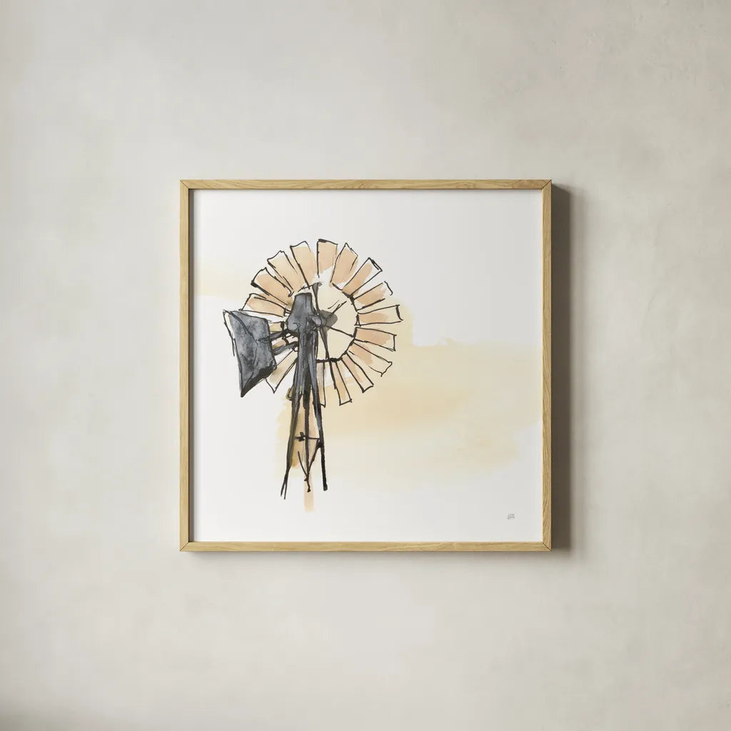 Windmill II by Chris Paschke. Shown in a natural wood glass frame for a timeless modern aesthetic. Available as an archival giclee rolled canvas, fine art paper, or poster print. SKU 76341a.