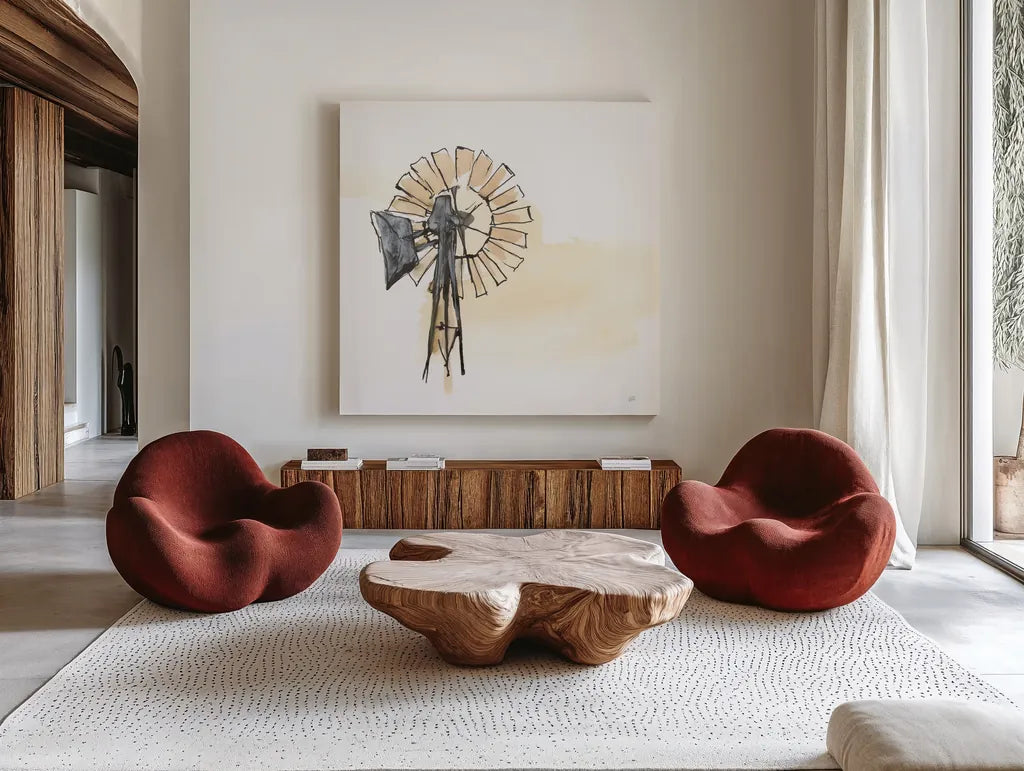 Windmill II by Chris Paschke. Shown as extra-large giant wall art in a modern living room. Available as an archival giclee rolled canvas, fine art paper, or poster print. SKU 76341a.
