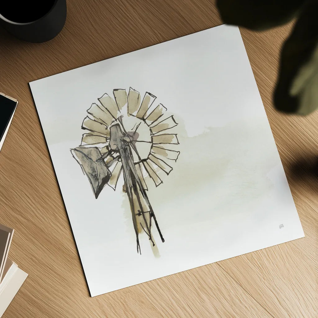 Windmill II Neutral by Chris Paschke. Shown as a detailed flat fine art print, highlighting archival giclee quality. Available as an archival giclee rolled canvas, fine art paper, or poster print. SKU 77332a.