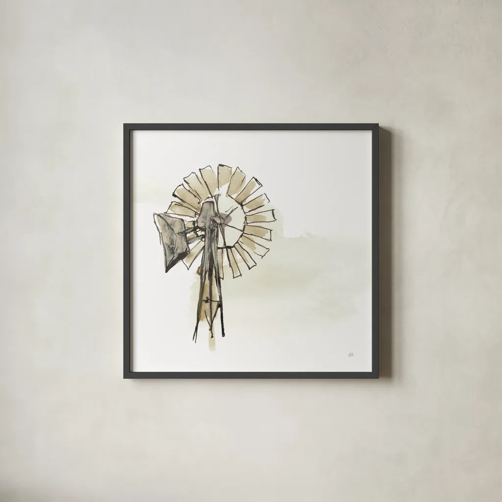 Windmill II Neutral by Chris Paschke. Shown in a sleek black glass frame for a contemporary gallery look. Available as an archival giclee rolled canvas, fine art paper, or poster print. SKU 77332a.