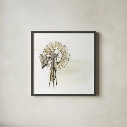 Windmill II Neutral by Chris Paschke. Shown in a sleek black glass frame for a contemporary gallery look. Available as an archival giclee rolled canvas, fine art paper, or poster print. SKU 77332a.