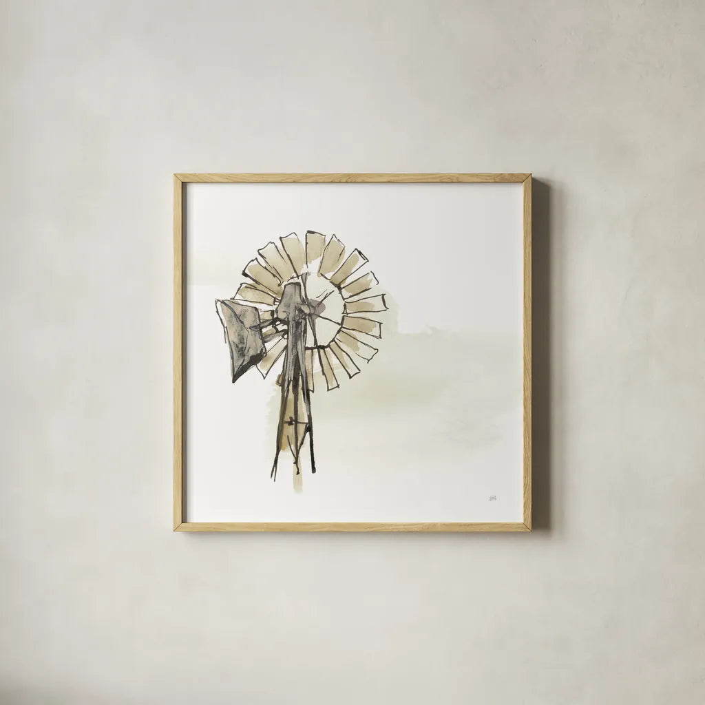 Windmill II Neutral by Chris Paschke. Shown in a natural wood glass frame for a timeless modern aesthetic. Available as an archival giclee rolled canvas, fine art paper, or poster print. SKU 77332a.