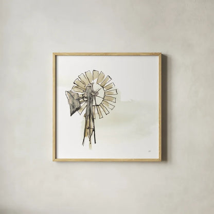 Windmill II Neutral by Chris Paschke. Shown in a natural wood glass frame for a timeless modern aesthetic. Available as an archival giclee rolled canvas, fine art paper, or poster print. SKU 77332a.