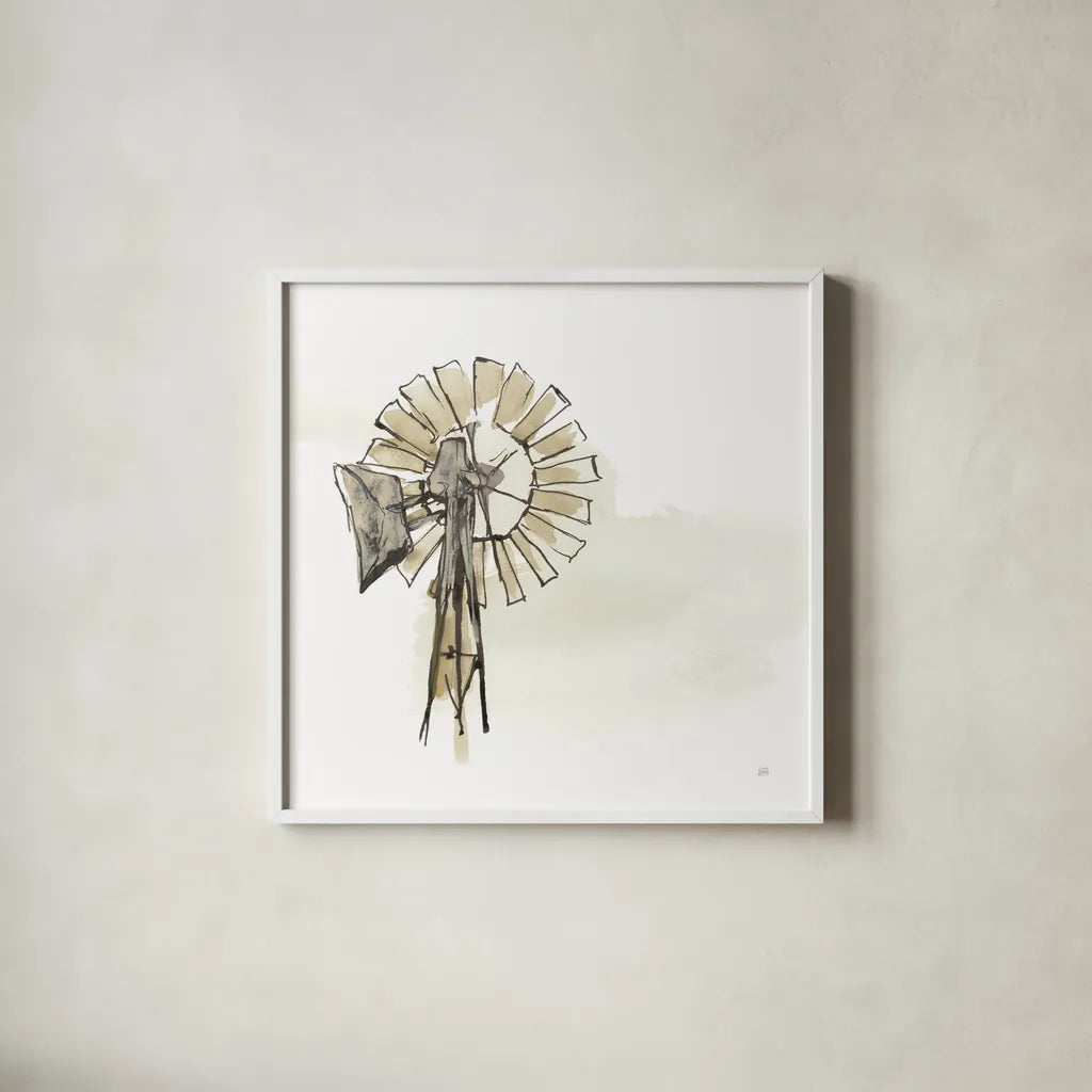 Windmill II Neutral by Chris Paschke. Shown in a crisp white glass frame for a clean and minimalist style. Available as an archival giclee rolled canvas, fine art paper, or poster print. SKU 77332a.