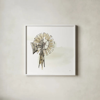 Windmill II Neutral by Chris Paschke. Shown in a crisp white glass frame for a clean and minimalist style. Available as an archival giclee rolled canvas, fine art paper, or poster print. SKU 77332a.