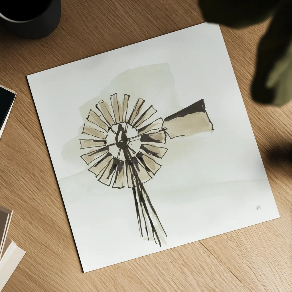 Windmill III Neutral by Chris Paschke. Shown as a detailed flat fine art print, highlighting archival giclee quality. Available as an archival giclee rolled canvas, fine art paper, or poster print. SKU 77333a.