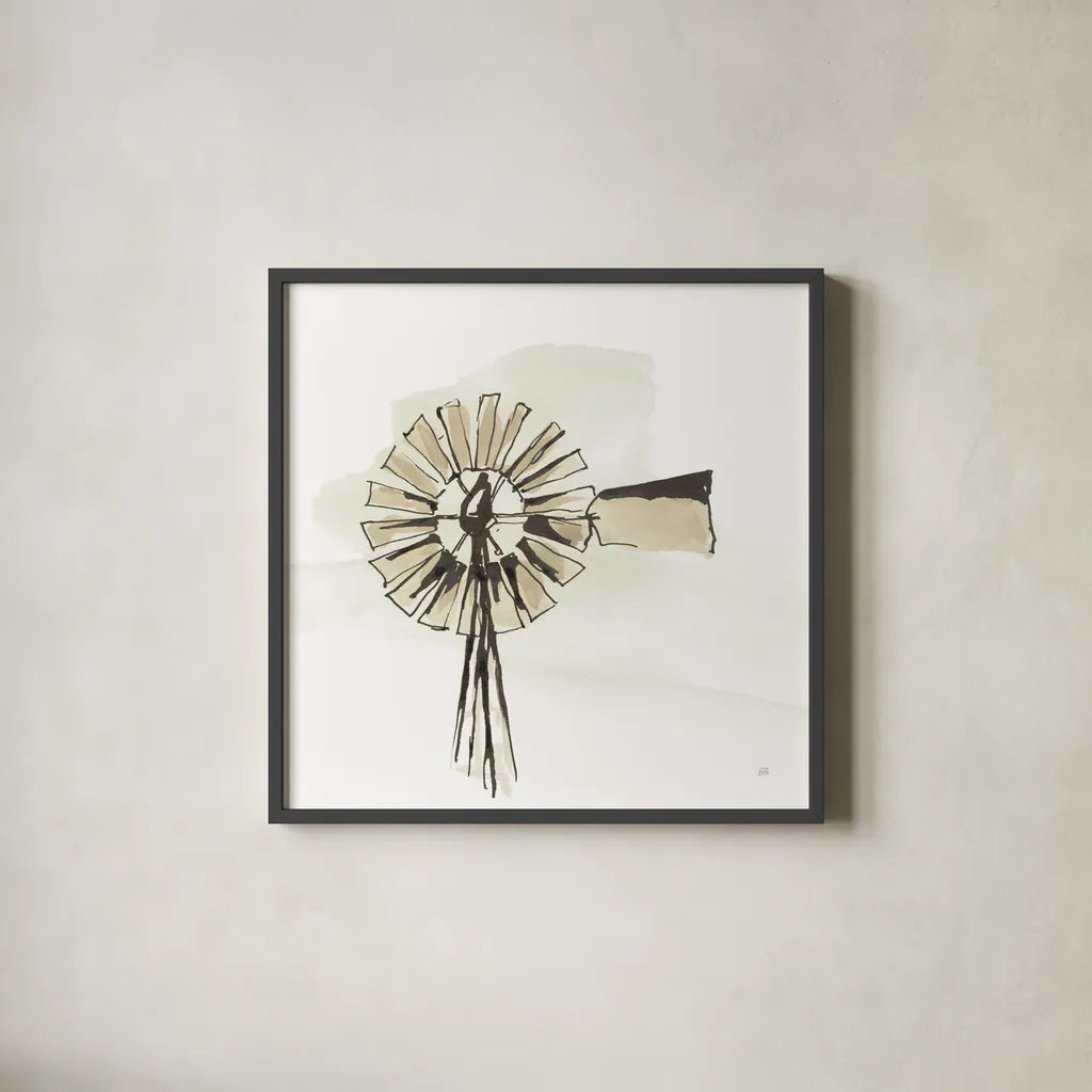 Windmill III Neutral by Chris Paschke. Shown in a sleek black glass frame for a contemporary gallery look. Available as an archival giclee rolled canvas, fine art paper, or poster print. SKU 77333a.