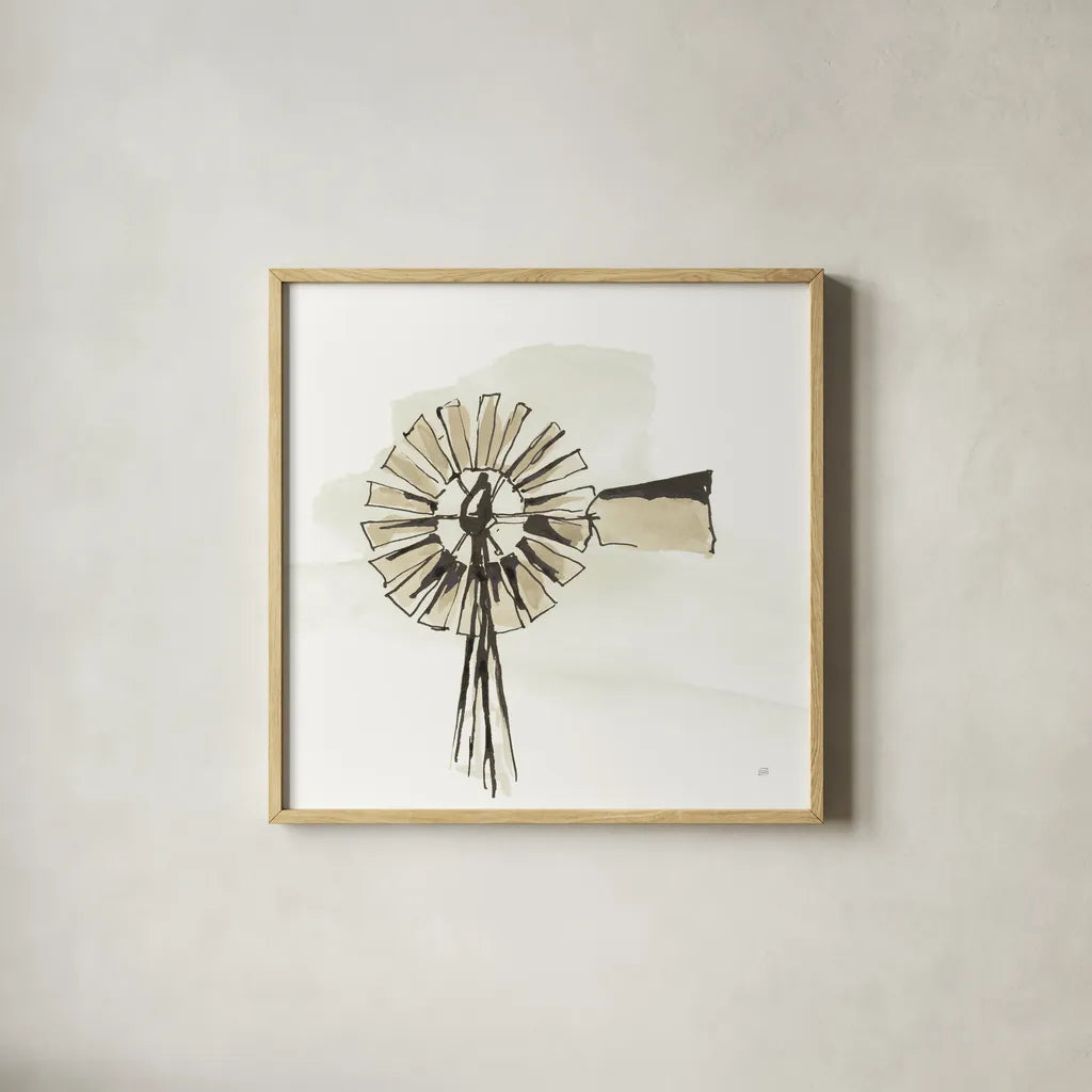 Windmill III Neutral by Chris Paschke. Shown in a natural wood glass frame for a timeless modern aesthetic. Available as an archival giclee rolled canvas, fine art paper, or poster print. SKU 77333a.