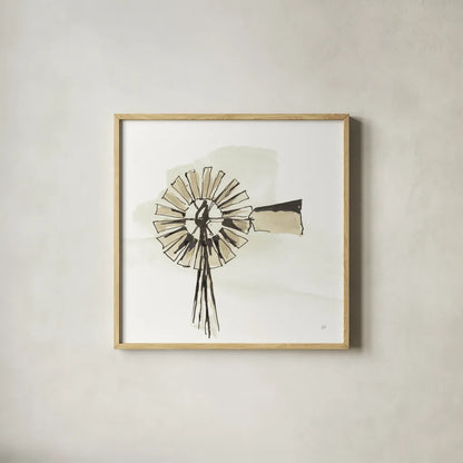 Windmill III Neutral by Chris Paschke. Shown in a natural wood glass frame for a timeless modern aesthetic. Available as an archival giclee rolled canvas, fine art paper, or poster print. SKU 77333a.