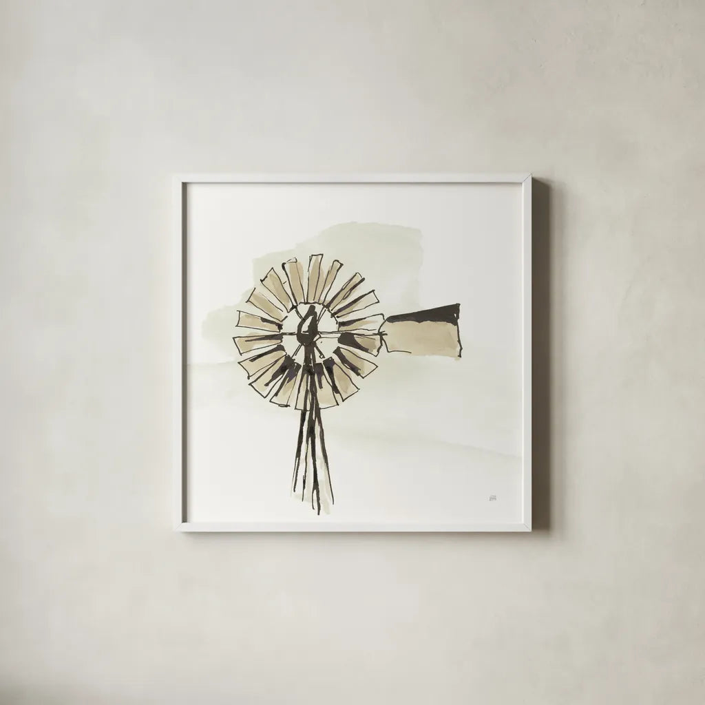 Windmill III Neutral by Chris Paschke. Shown in a crisp white glass frame for a clean and minimalist style. Available as an archival giclee rolled canvas, fine art paper, or poster print. SKU 77333a.