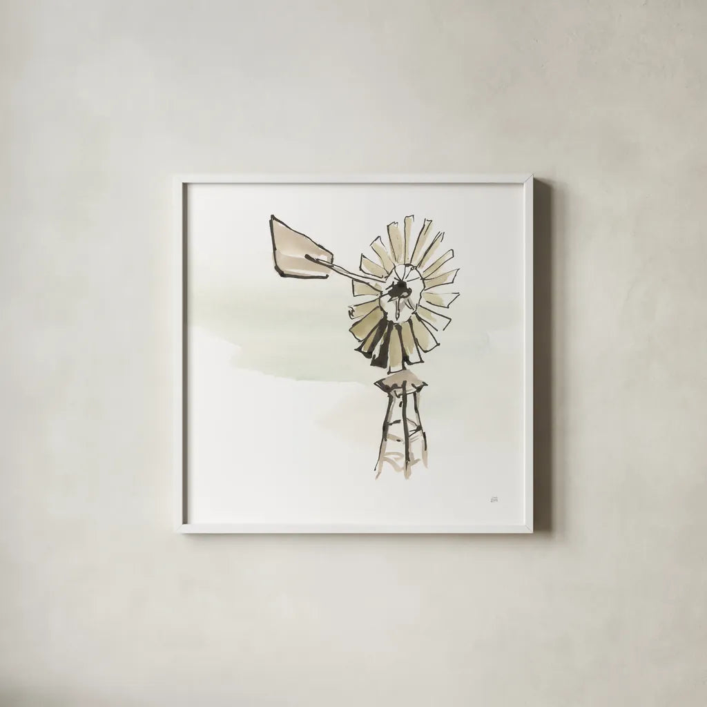 Windmill IV by Chris Paschke. Shown in a crisp white glass frame for a clean and minimalist style. Available as an archival giclee rolled canvas, fine art paper, or poster print. SKU 76343a.