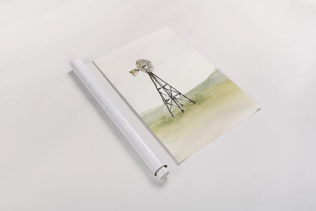 Windmill Landscape I by Chris Paschke. shown as a rolled paper print. Available as archival giclee rolled canvas, fine art paper, or poster print. SKU 76898h.