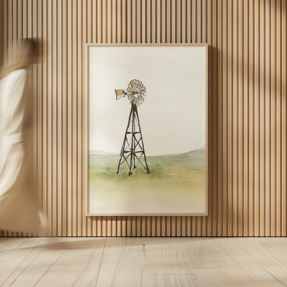 Windmill Landscape I by Chris Paschke. shown as over sized large wall art. Available as an archival giclee rolled canvas, fine art paper, or poster print. SKU 76898h.