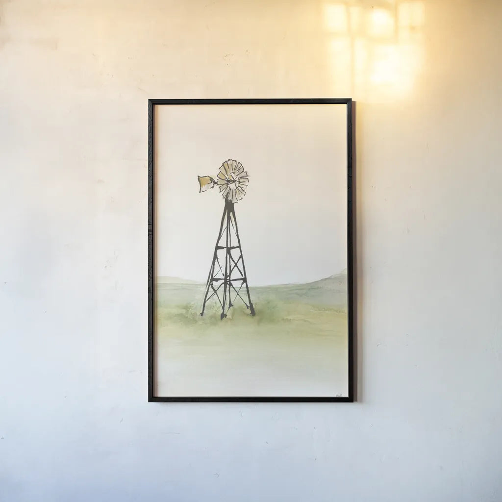 Windmill Landscape I by Chris Paschke. shown as a paper print in a black flame. Available as a archival giclee rolled canvas, fine art paper, or poster print. SKU 76898h.