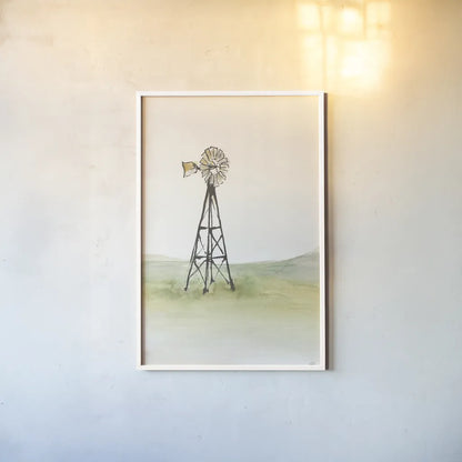 Windmill Landscape I by Chris Paschke. shown as a paper print in a white frame. Available as a archival giclee rolled canvas, fine art paper, or poster print. SKU 76898h.
