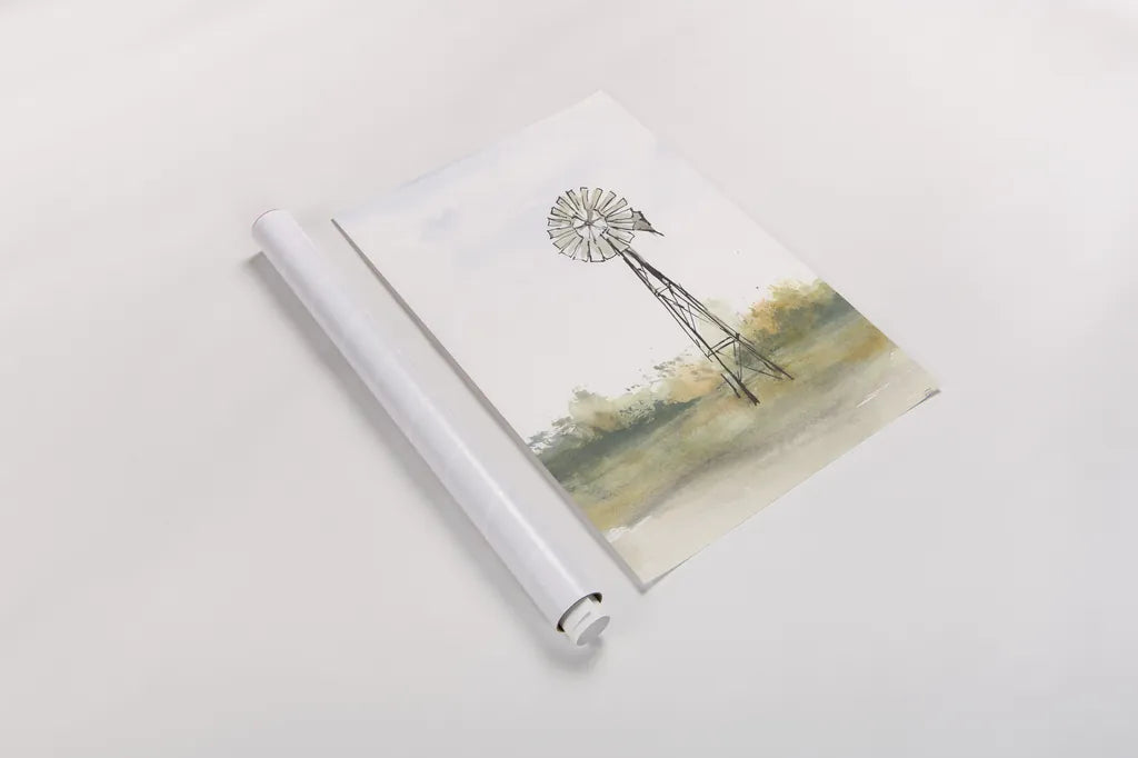 Windmill Landscape II by Chris Paschke. shown as a rolled paper print. Available as archival giclee rolled canvas, fine art paper, or poster print. SKU 76899h.